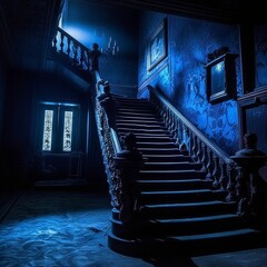 Sticker - stairs in a haunted house at night in wintertime