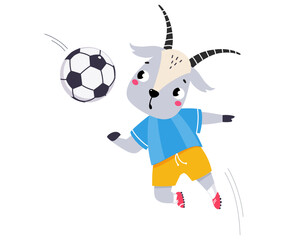 Sticker - Funny Goat Animal Character Playing Football Wearing Uniform Passing Ball Vector Illustration