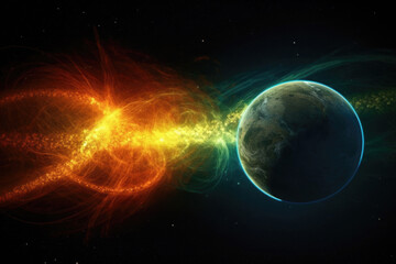 Planet near star in outer space. Illustration of solar wind on Earth surface, solar wind and radiation. Created with Generative AI