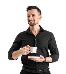 Sticker - Handsome businessman with cup of coffee on white background