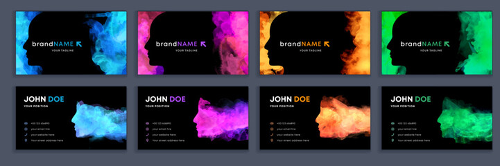 Wall Mural - big set of bright vertical colorful business card template with vector watercolor head silhouette on