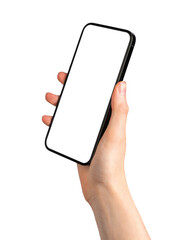 Poster - Hand holding smartphone mockup, mobile phone screen mock-up isolated on white background