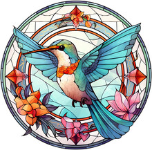 Round Stained-glass Illustration Of A Hummingbird In A Stained-glass/mosaic Frame. AI-generated Art.