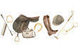 Watercolor seamless border, banner with illustration of a horseshoes, stirrups, saddle, bag, brush, helmet, snaffles, brown leather boots and polo sticks. Horse theme, equestrian equipment. isolated
