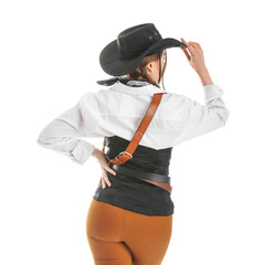 Poster - Young cowgirl on white background, back view