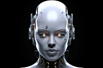 Futuristic woman android robot. Mechanical female portrait front view isolated on black flat background with copy space. Generative AI 3d render illustration imitation.