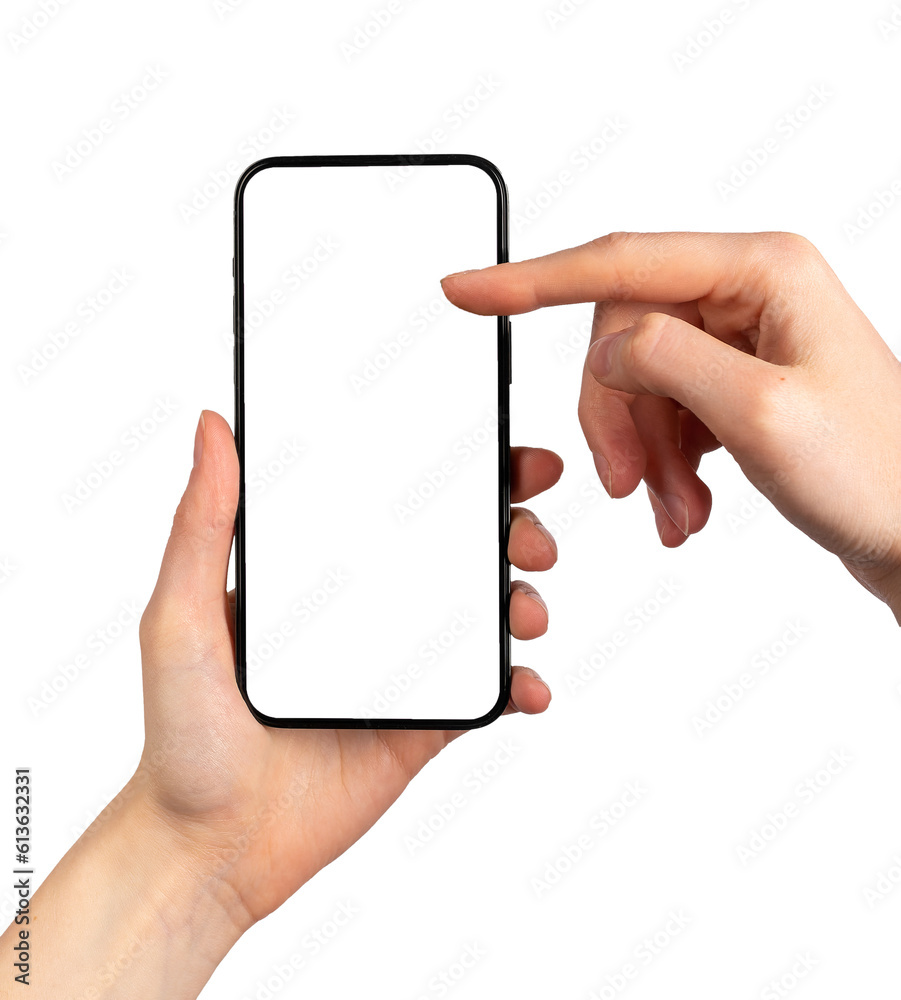 Hand holding mobile phone, finger scrolling blank screen mock-up ...
