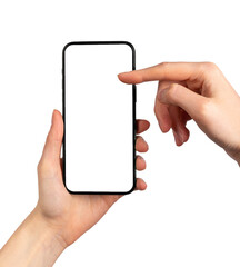 Poster - Hand holding mobile phone, finger scrolling blank screen mock-up, touching display, isolated on white background