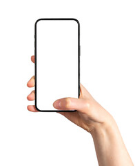 Poster - Hand holding mobile phone, thumb clicking on blank screen mock-up, tapping ok on display, isolated on white background