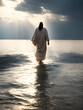 Jesus Christ walking on water on the sea of Galilee, generative ai