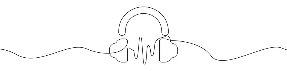 Poster - Headphone icon line continuous drawing vector. One line Headset icon vector background. Headphone and sound wave icon. Continuous outline of a Headphone with microphone icon.