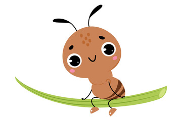 Wall Mural - Cute Brown Little Ant Sitting on Green Grass and Smiling Vector Illustration