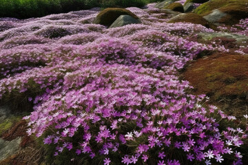 Wall Mural - Purple, pink carpet of Phlox Subulata (creeping phlox, moss phlox, moss pink, or mountain phlox) flowers.