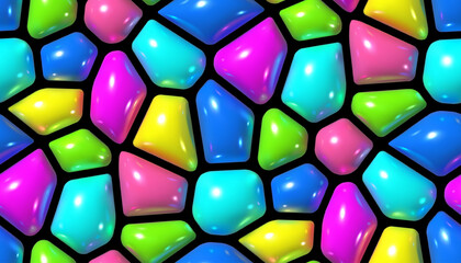 Seamless pattern with shiny 3D abstract vector shapes, resembling multicolored gemstones, Voronoi background