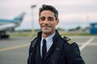 Portrait of handsome pilot standing at airport with arms crossed and looking at camera