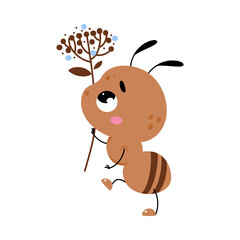 Poster - Cute Brown Little Ant Carry Twig Vector Illustration