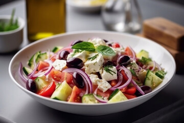 Wall Mural - Fresh Greek salad with vegetables and olives on a plate. Generative AI.