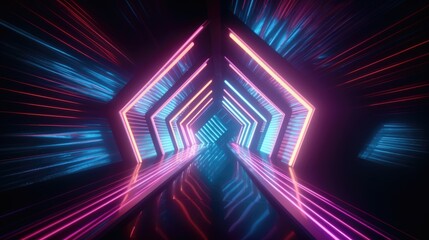 Wall Mural - Portal of beautiful neon lights with glowing purple and blue lines in a tunnel. Generative AI AIG21.