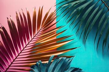 Wall Mural - Exotic painted tropical palm fronds against a vibrantly colored tropical background. A minimalistic summer fashion concept. Lay down. Generative AI