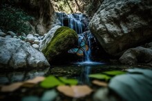 A Waterfall May Be Found In The Valley Of Butterflies. The Petaloudes Valley Nature Reserve Is In Greece, Near Rhodes. Generative AI