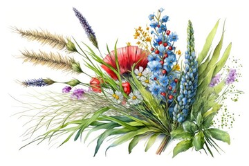 Poster - bouquet of spikelets and summer wildflowers from Ukraine. Your design or an illustration for printing is shown in isolation on a white backdrop. Peace and support for Ukraine. Generative AI