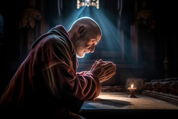 old religious priest praying god with his hands sitting on his knees and having a candle. Generative AI