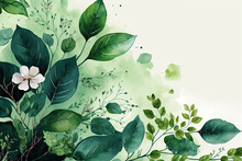 Spring Floral Watercolor Green Illustration On Light Background With Flowers And Leaves On Branches. AI Generative.