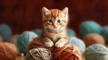 A Cute Orange Tabby Kitten Sitting On Top Of Balls Of Yarn