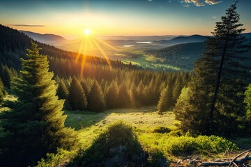 Poster - serene sunset over a mountainous landscape with trees. Generative AI