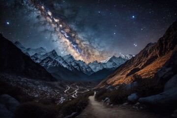 Wall Mural - starry night sky with the Milky Way galaxy shining above a mountain range. Generative AI