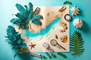 Wall Mural - Creative layout for a tropical summer holiday. Lay down flat. The concept of a vacation. Generative AI