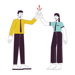 Poster - teamwork businesspeople flat line concept vector spot illustration. office people working 2d cartoon