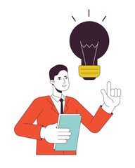 Poster - brainstorming office employee flat line concept vector spot illustration. male white collar worker 2