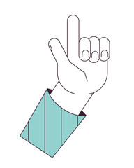 Poster - Eureka hand gesture flat line concept vector spot illustration. Raised finger 2D cartoon outline hand on white for web UI design. Attention. Pointing finger editable isolated colorful hero image