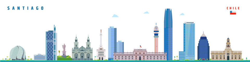 Wall Mural - Santiago Chile city landmarks travel and tourism concept with historical buildings vector illustration on white background.
