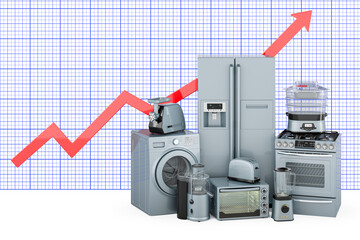 Poster - Set of kitchen and home appliances with growing chart, 3D rendering