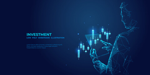 Leinwandbilder - Abstract businessman is holding tablet with stock market candlestick hologram. Digital Trading or Investment concept. Futuristic low poly investor in technological blue. Vector 3D illustration.