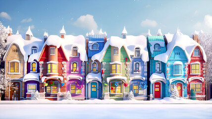 Town street with beautiful cartoon houses decorated for Christmas and New Year. Front view. Illustration made with AI Generative