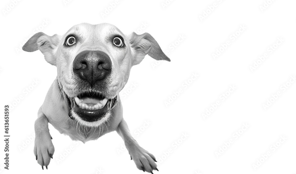 Funny dog in jump. jumping puppy. shocked surprised playful doggy or pet isolated on transparent background. crazy dog headshot smiling on transparent background with copy space, png	