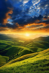 The sun rises over a hillside with grassy fields and an area with a hill. AI generative