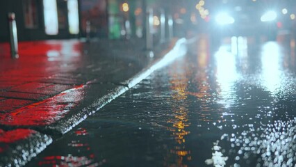 Wall Mural - legs of a girl taking a step into a puddle on the street of a night city