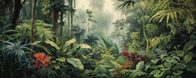Verdant Biodiversity: Watercolor Panorama Of A Tropical Rainforest, Generative AI