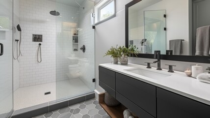 Interior design of Bathroom in Minimalist style with Floating Vanity decorated with Subway Tile, Hexagon Floor material. Coastal architecture. Generative AI AIG24.