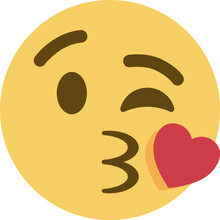 Face Blowing A Kiss Emoji Vector Icon. A Yellow Face Winking With Puckered Lips Blowing A Kiss, Depicted As A Small, Red Heart. May Represent A Kiss Goodbye Or Good Night.
