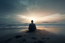 Man Meditating Sitting On The Beach At Sunset With Beautiful Ocean On The Background. Generative AI.
