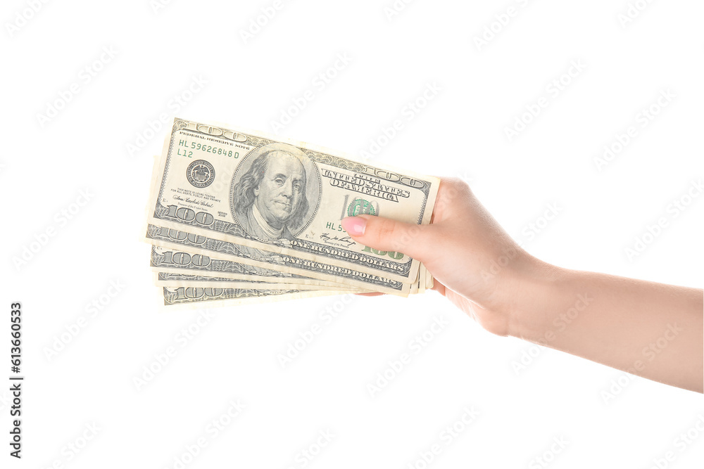Female hand holding one hundred dollar banknotes isolated on white background