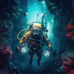 Wall Mural - Scuba divers in the ocean, Underwater exploration.