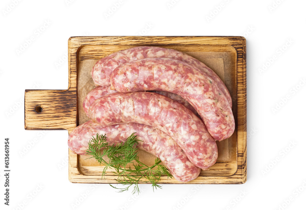 Board with raw fresh sausages and dill on white background