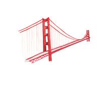 Golden Gate Bridge USA Watercolor Illustration On Transparent Background. 4th Of July,  United States Bridge. Greeting Card, Travel Flyer, Party Invitation. Hand Painted 