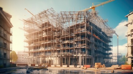 Poster - Scaffolding on the facade of a modern building, Block of apartments under construction.